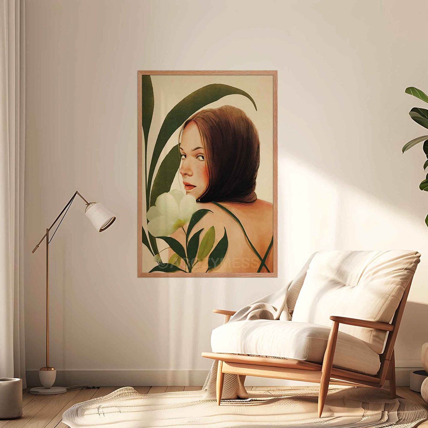 Earthy botanical female portrait print in warm neutrals with green foliage and orange accents, displayed in oakwood frame