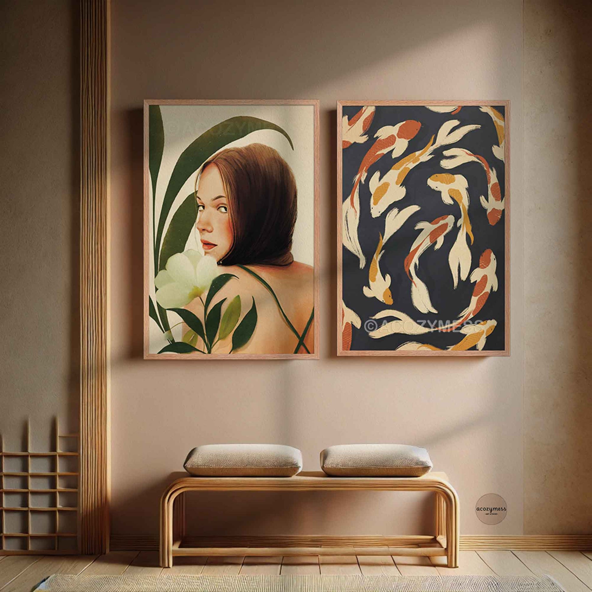 Two framed artworks on a wall with a wooden bench below.