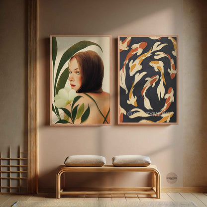 Two framed artworks on a wall with a wooden bench below.