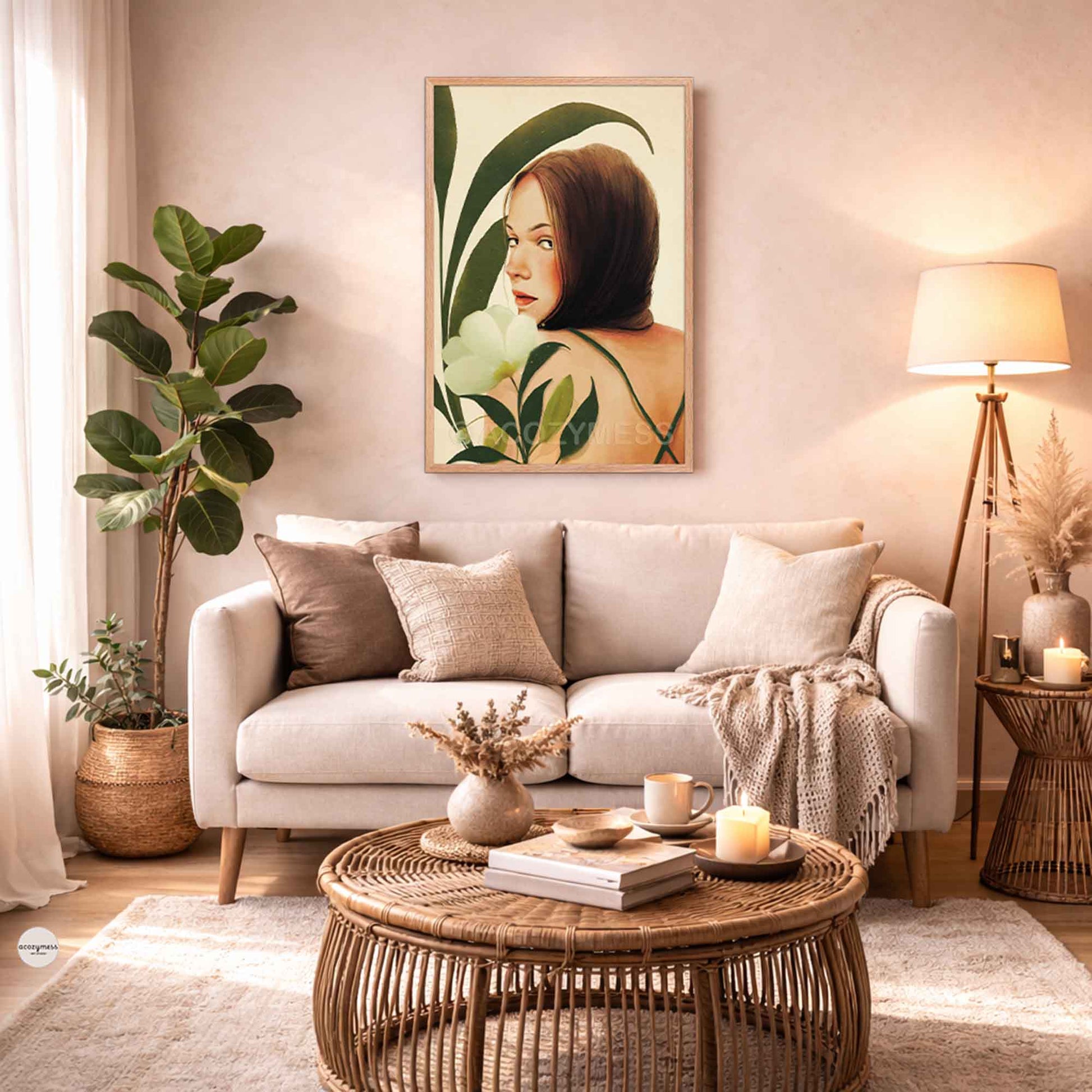 Cozy boho feminine portrait artwork with floral leaves in beige and green tones, oakwood framed wall decor