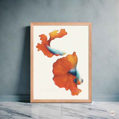 red and blue fish print for colorful and vibrant decor in oakwood frame.
