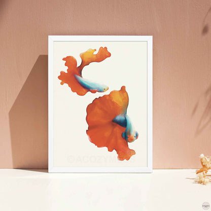 red and blue fish wall art  for colorful and vibrant decor in black frame.