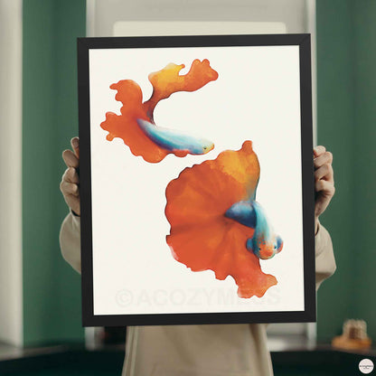red and blue fish print for colorful and vibrant coastal decor in black frame.