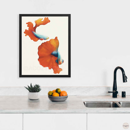 red and blue fish wall art  for colorful and vibrant decor in black frame.