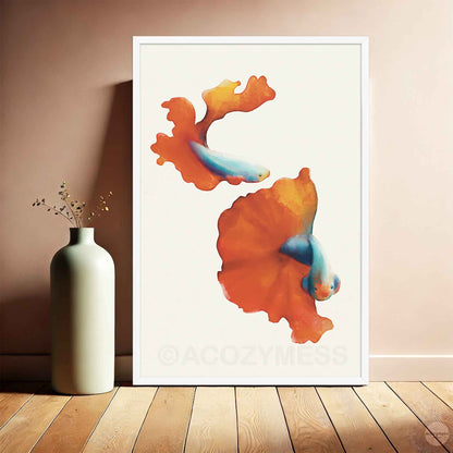 red and blue fish poster for colorful and vibrant decor in white frame.