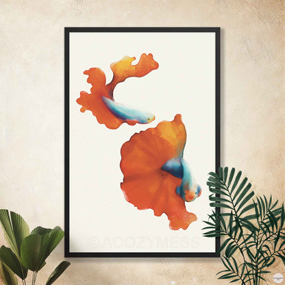 red and blue fish print for colorful and vibrant decor in black frame.