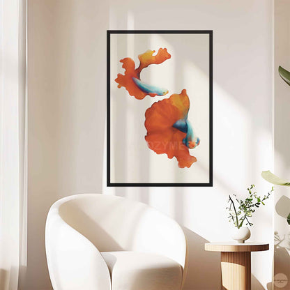 red and blue fish poster for colorful and vibrant decor in black frame.