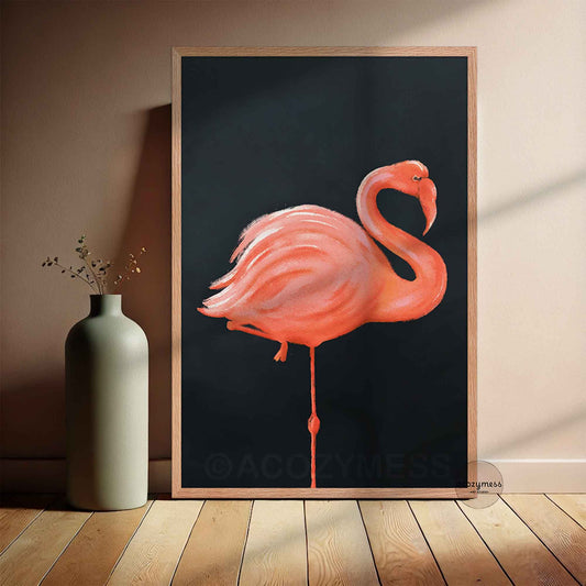 Oakwood framed flamingo art poster featuring a graceful bird illustration on a deep dark blue background.