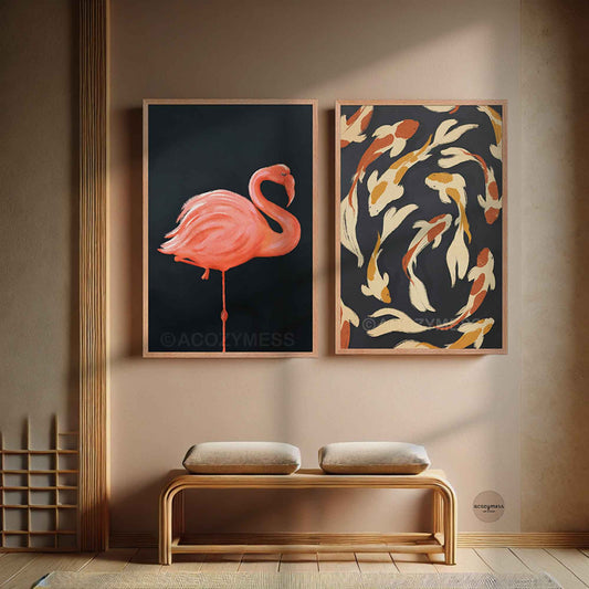 Flamingo wall art and Koi Fish art displayed in an oakwood frame, showcasing an elegant bird against a rich blue backdrop.