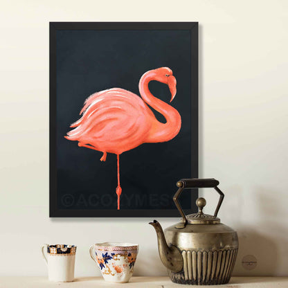 Flamingo wall decor presented in a black frame, with a dramatic deep blue background.