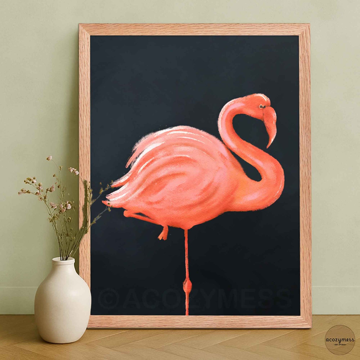 Flamingo wall decor presented in an oakwood frame, with a dramatic deep blue background.