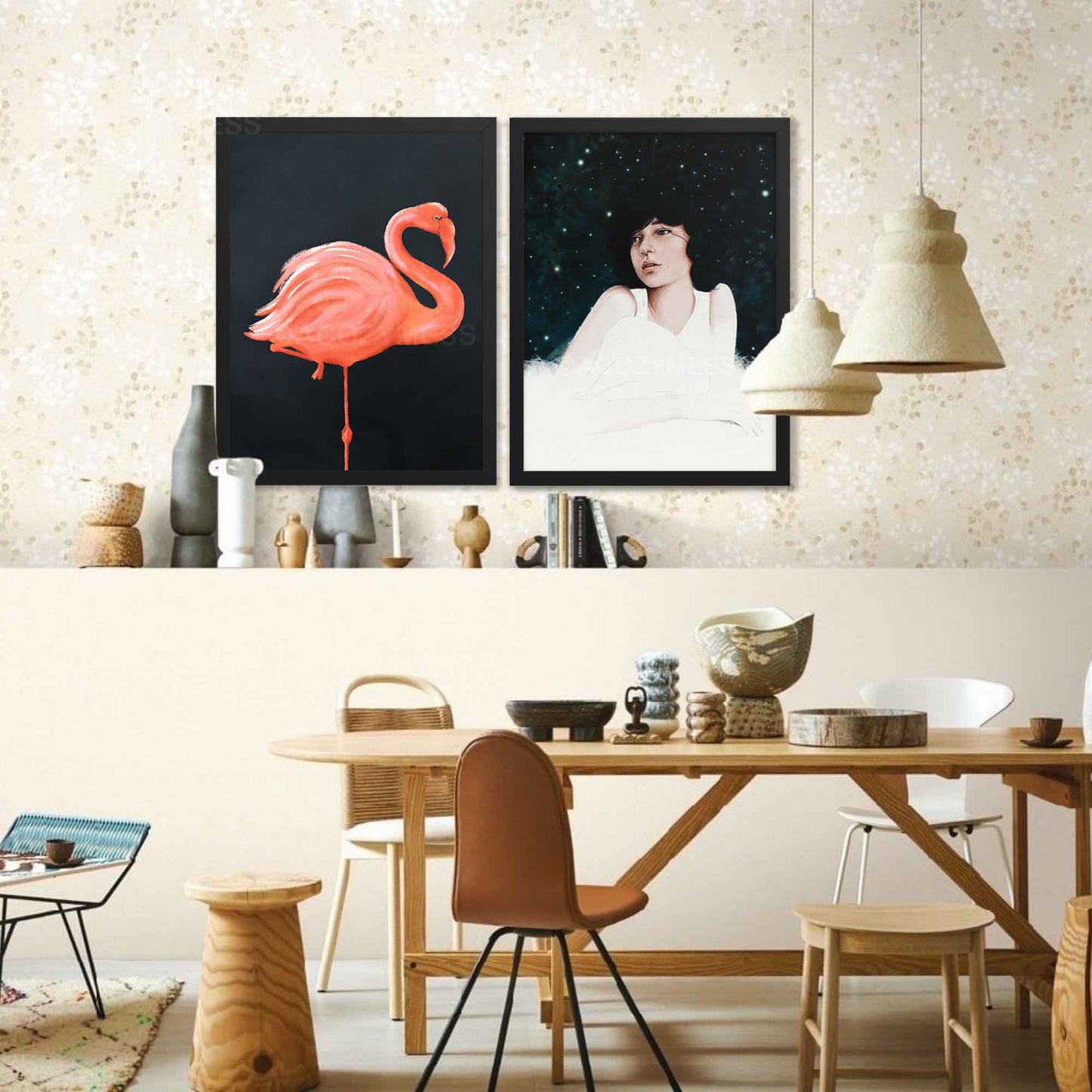 Flamingo wall art displayed in a black frame, showcasing an elegant bird against a rich blue backdrop.