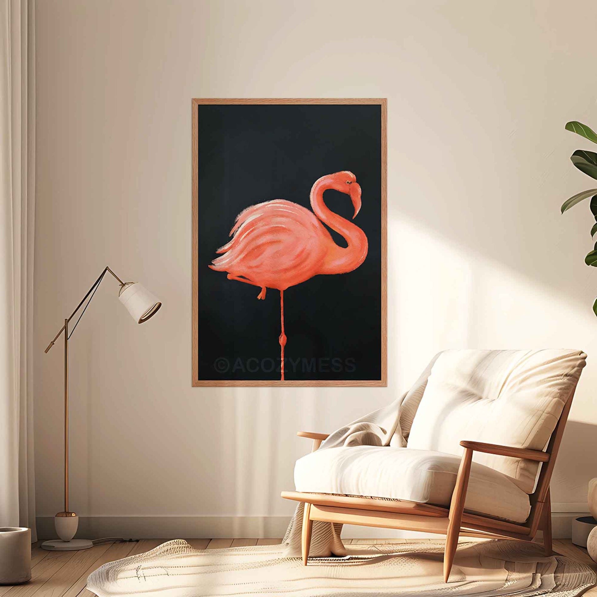 Oakwood framed flamingo art poster featuring a graceful bird illustration on a deep dark blue background  displayed on a living room wall.