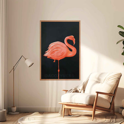 Oakwood framed flamingo art poster featuring a graceful bird illustration on a deep dark blue background  displayed on a living room wall.