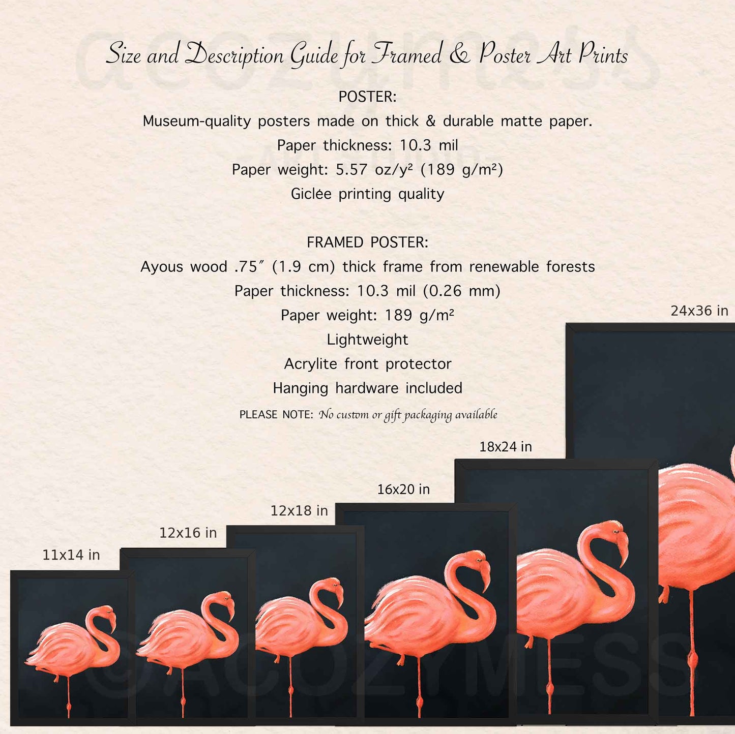 Size and description guide for framed and poster art prints with flamingo illustrations.