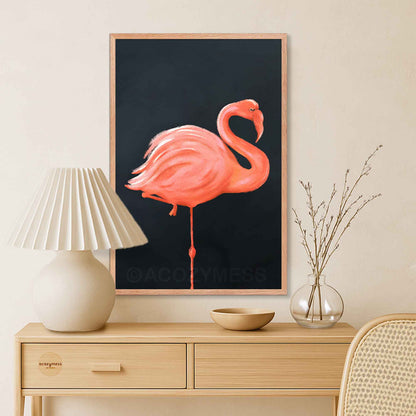 Oakwood framed flamingo art poster with a striking bird illustration on a deep blue background for home or office decor.