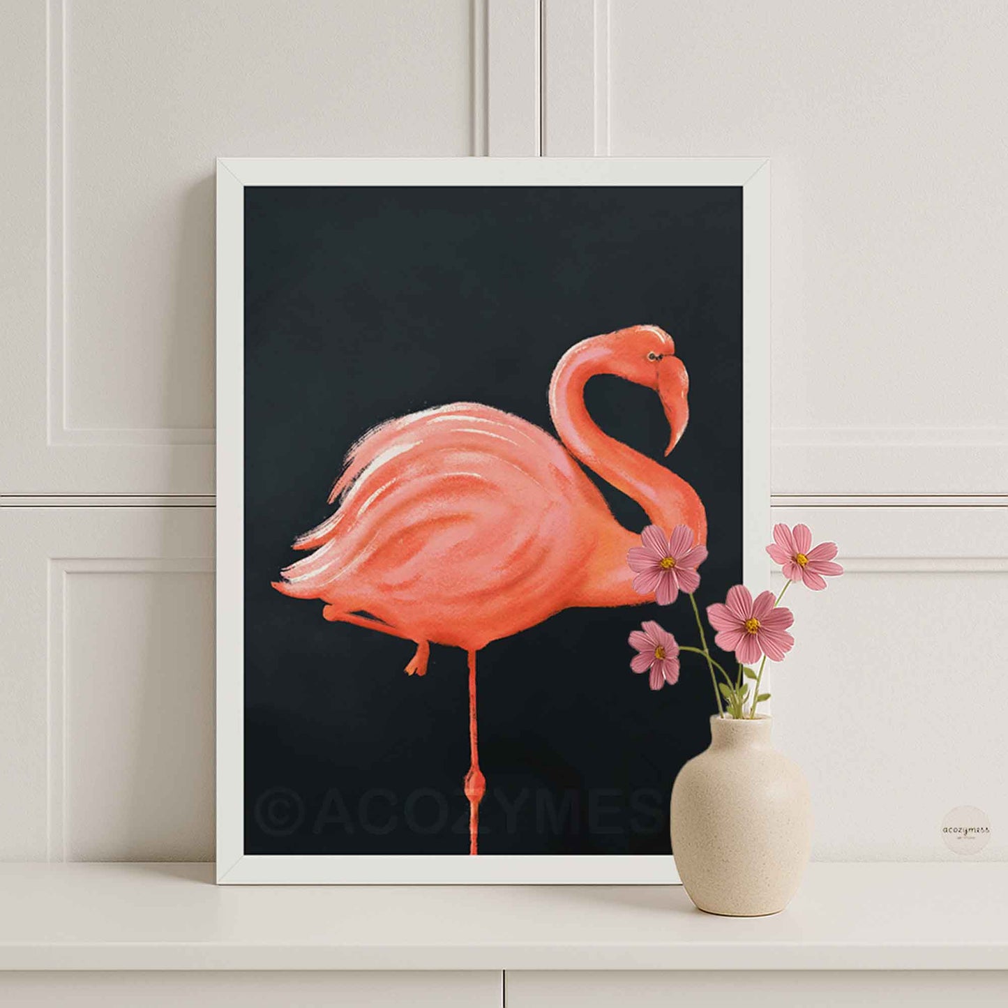 White framed flamingo art poster with a striking bird illustration on a deep blue background.