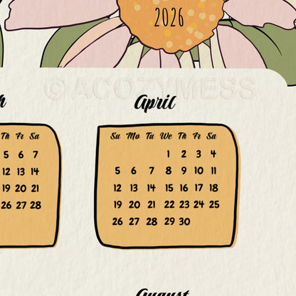 Calendar for 2026 with floral design in the background