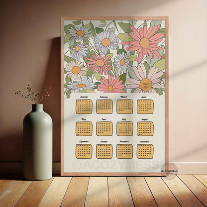 Floral one page calendar 2026 in oakwood frame