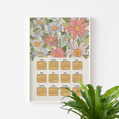 One page calendar 2026 withfloral art in light pink, blue, beige, green and yellow displayed in white frame