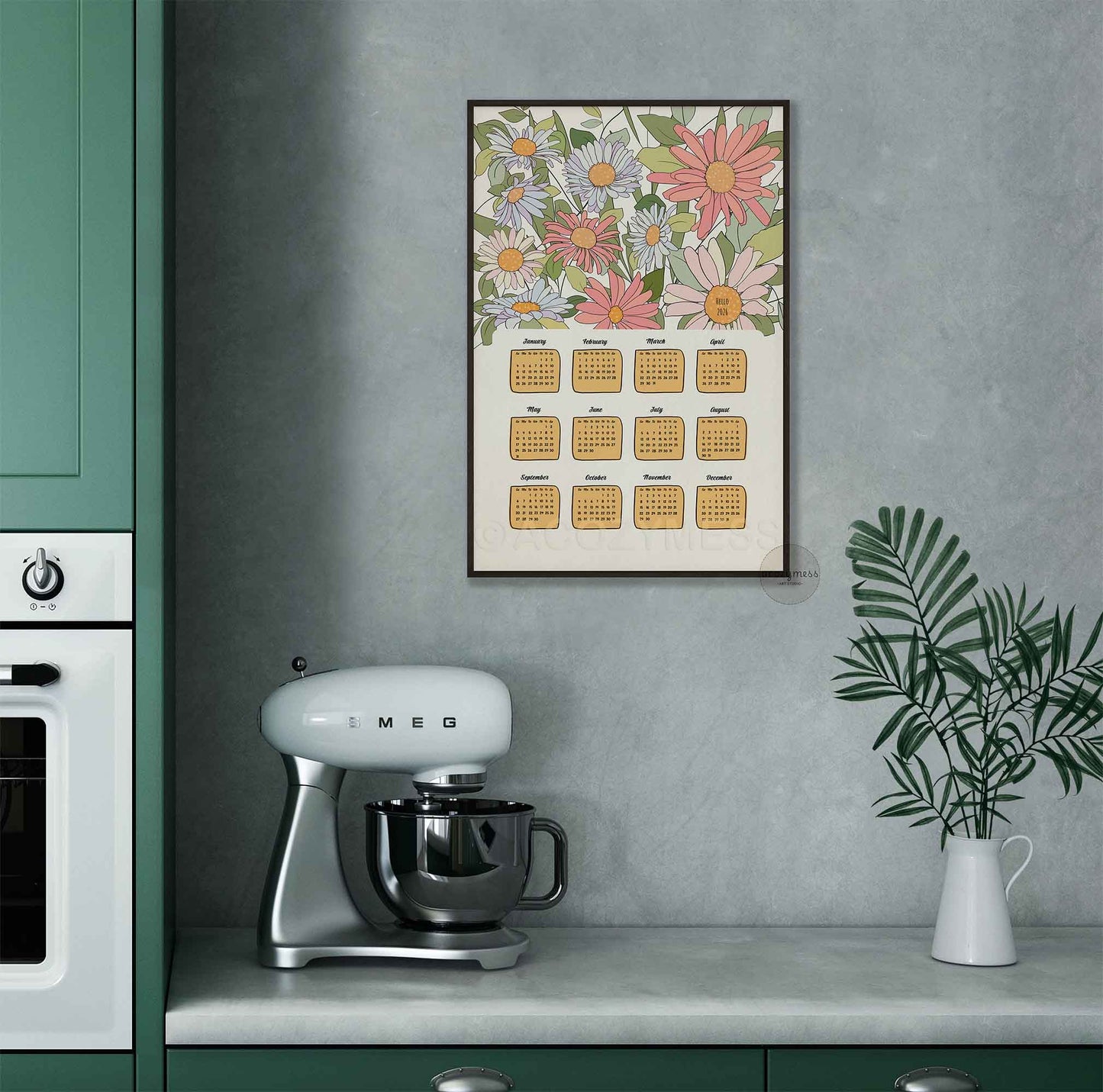 Yeraly 2026 calendar with floral design displayed in black frame on a kitchen wall