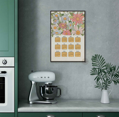 Yeraly 2026 calendar with floral design displayed in black frame on a kitchen wall