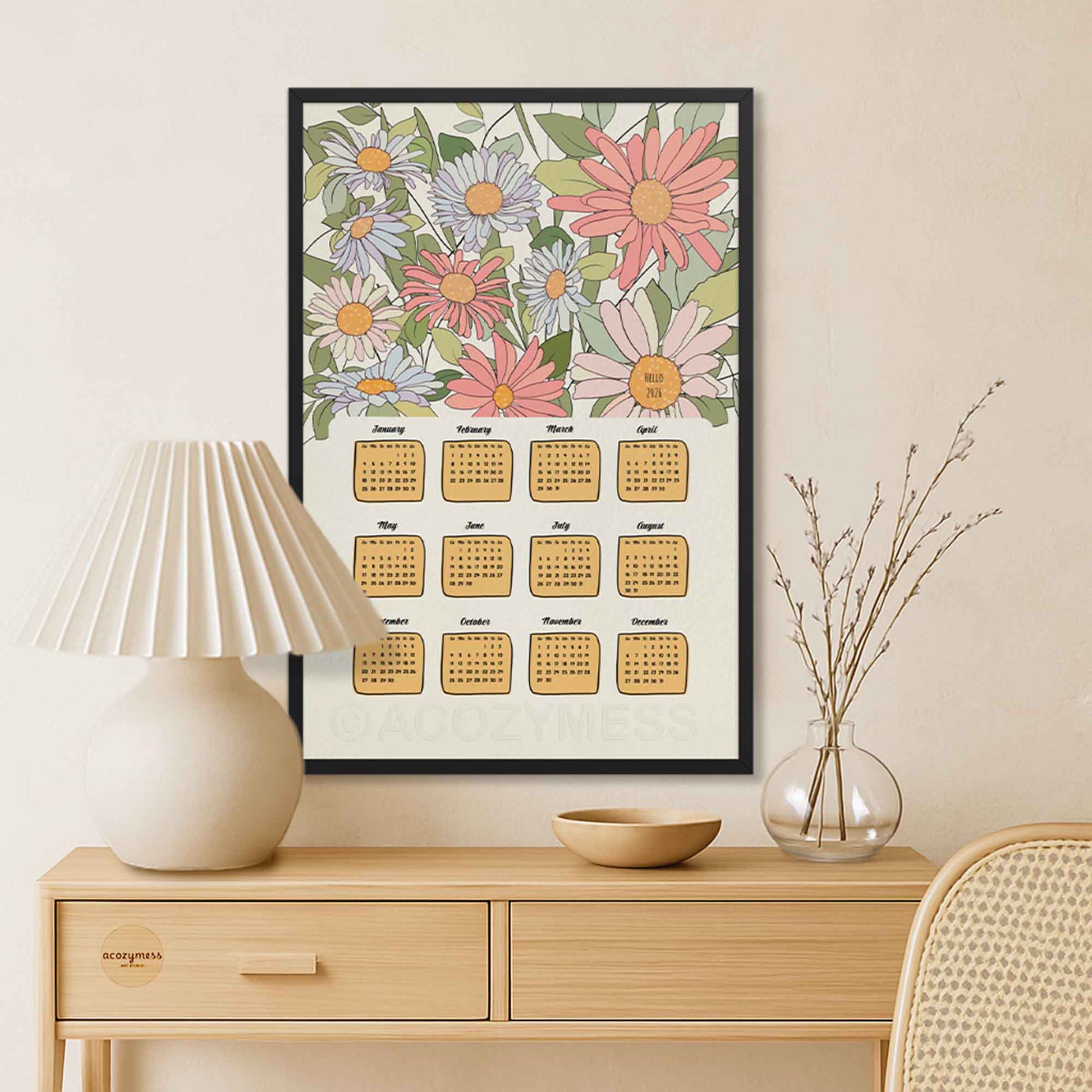 2026 calendar with floral art on a single poster displayed in black frame