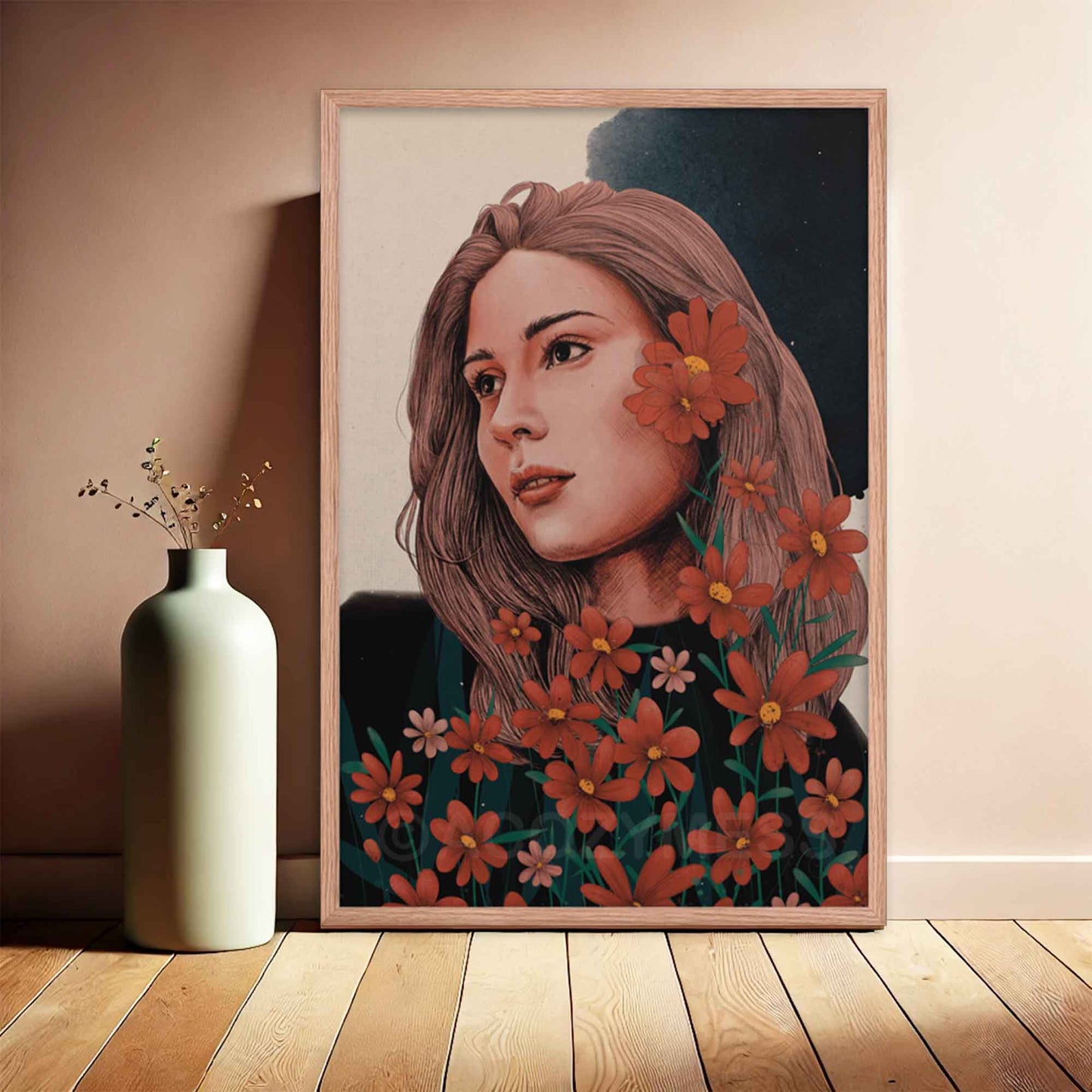 Floral Woman Portrait, Flower Woman Poster, Wall Art Decor