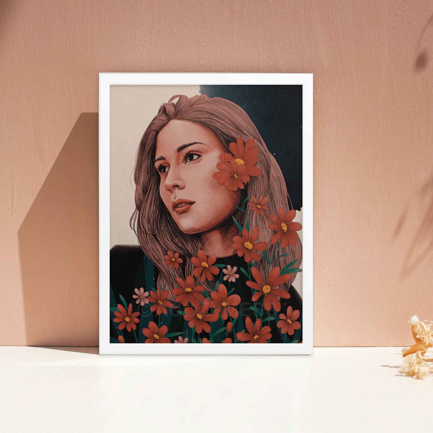 woman with flowers posterdisplayed in white frame