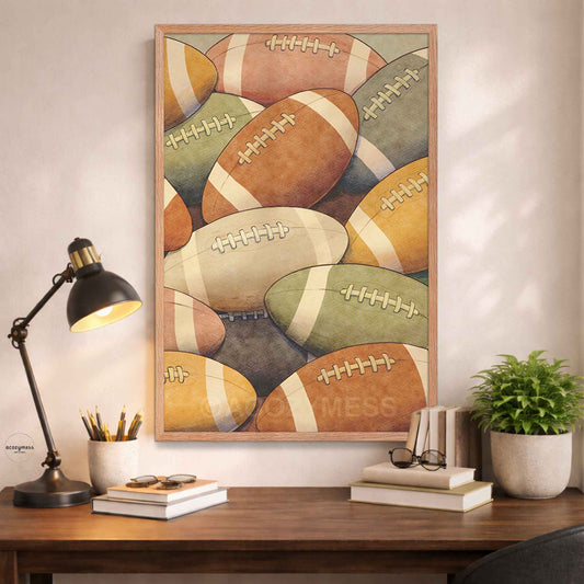 Colorful abstract art of footballs on a wall above a desk with a lamp and books.