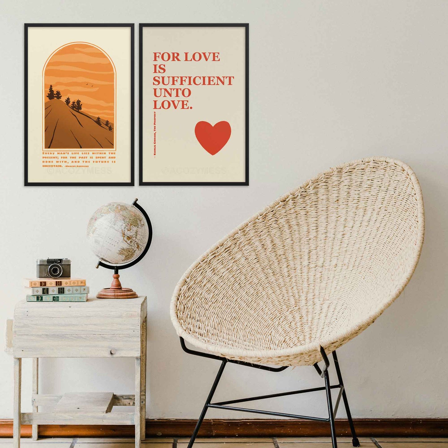 Kahlil Gibran poster with quote on love, red on beige with heart design, displayed in black frame.