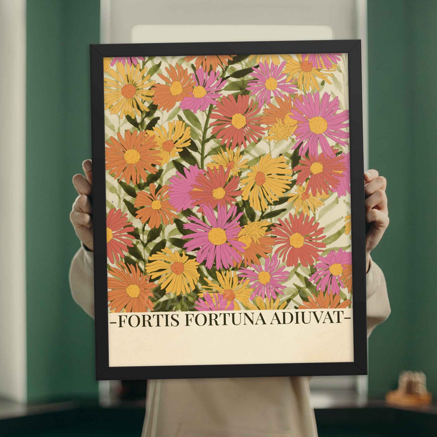 Fortis Fortuna Adiuvat art print  with vibrant floral illustration, showcasing the Latin phrase 'Fortune favors the brave,' perfect for home or office decor, displayed in black frame