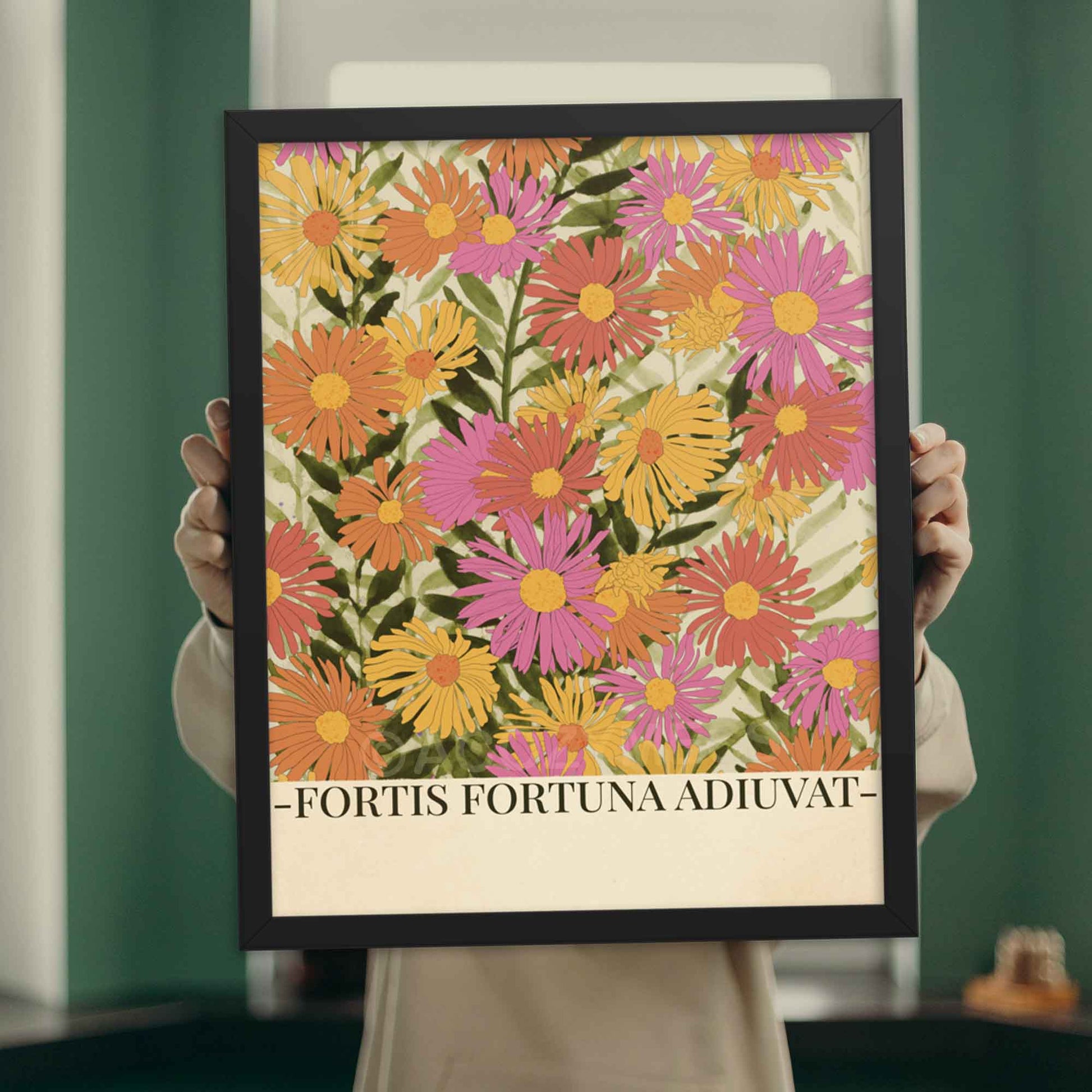 Fortis Fortuna Adiuvat art print  with vibrant floral illustration, showcasing the Latin phrase 'Fortune favors the brave,' perfect for home or office decor, displayed in black frame