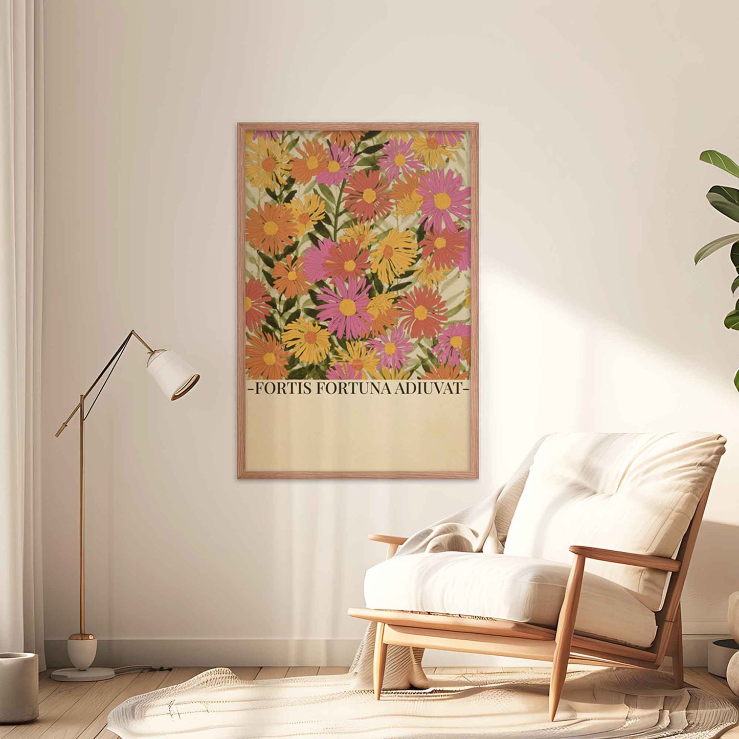 Fortis Fortuna Adiuvat poster with vibrant floral artwork, showcasing the Latin phrase 'Fortune favors the brave,' perfect for home or office decor, displayed in oakwood frame