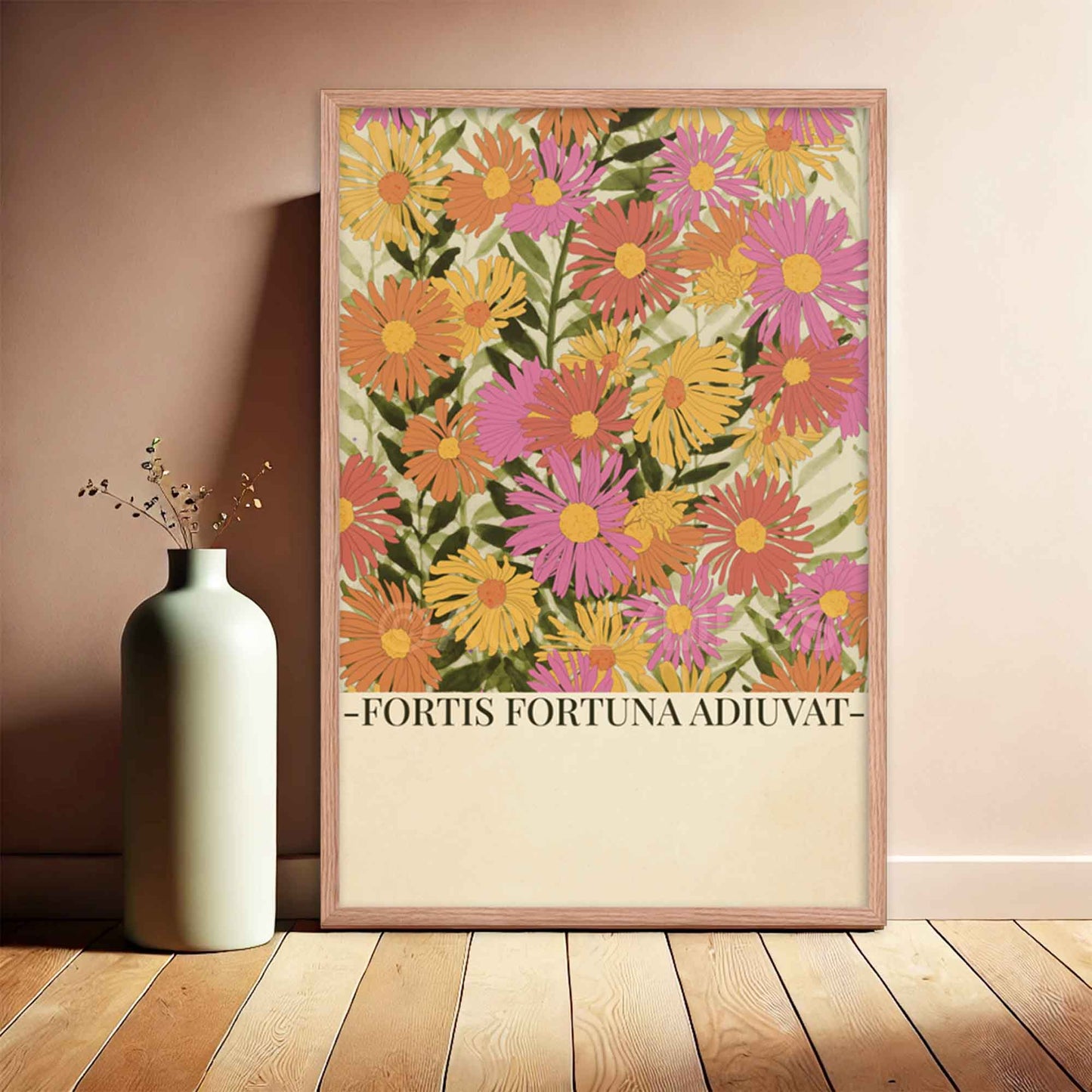 Fortis Fortuna Adiuvat poster with orange, pink and yellow floral art, showcasing the Latin phrase 'Fortune favors the brave,' perfect for home or office decor, displayed in oakwood frame