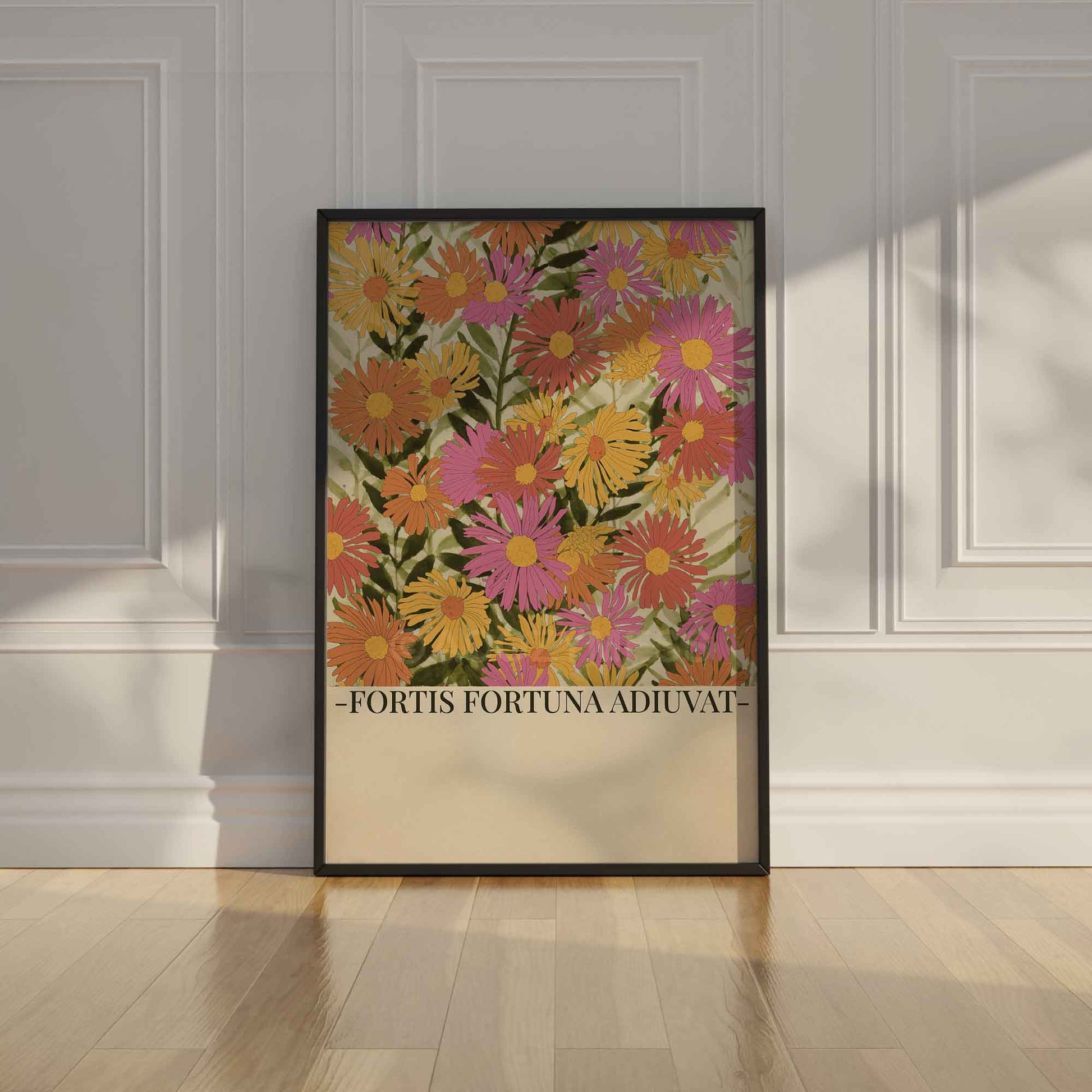 Fortis Fortuna Adiuvat poster with vibrant floral illustration, showcasing the Latin phrase 'Fortune favors the brave,' perfect for home or office decor.