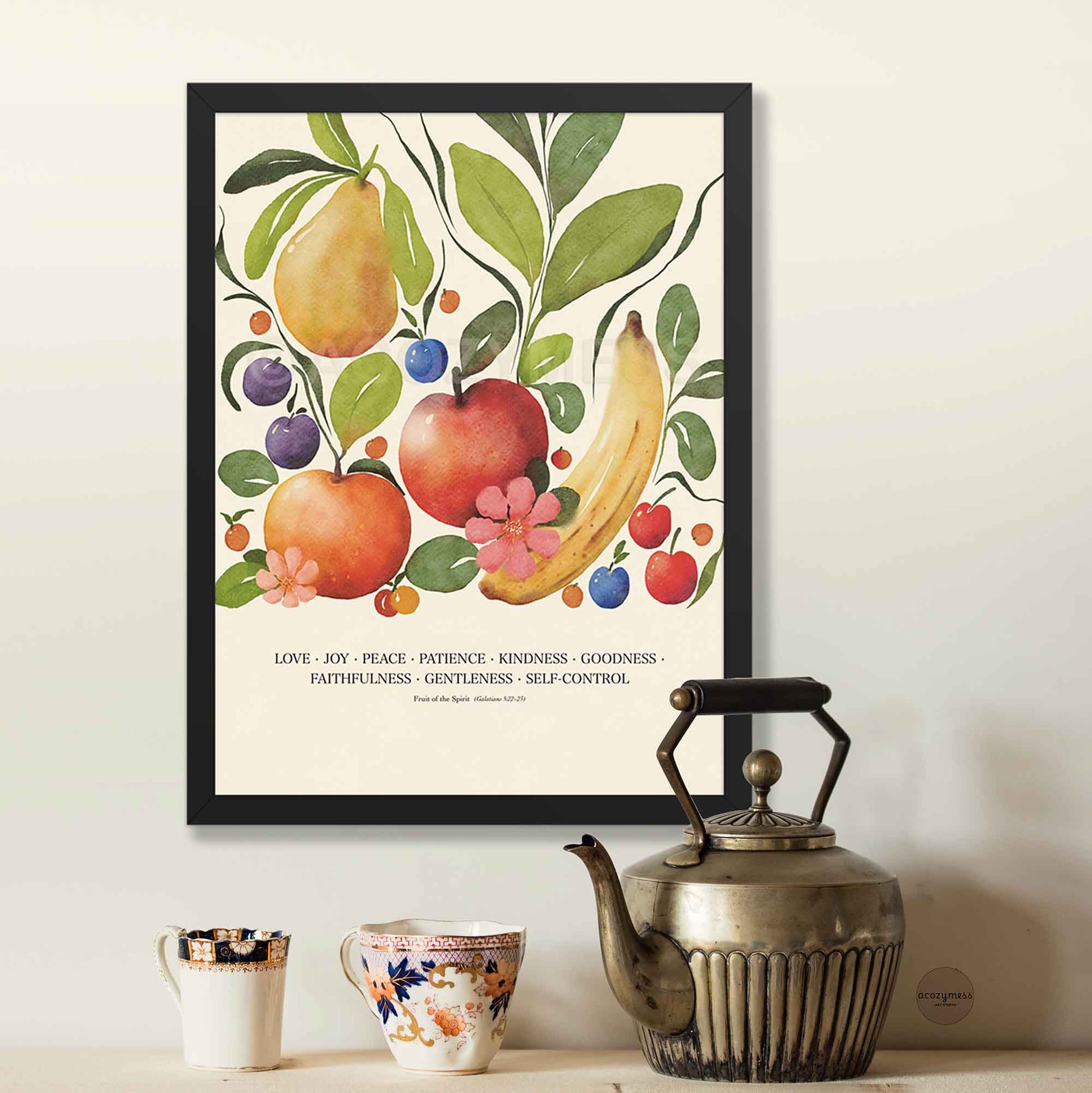 Fruit of the Spirit scripture poster displayed in a black frame, featuring vibrant fruit illustrations and inspirational text.