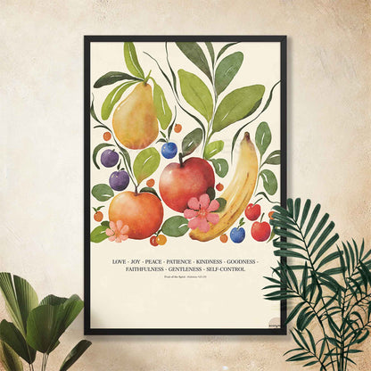 Black framed Fruit of the Spirit poster showcasing colorful fruit illustrations on a beige background, presented as elegant Christian wall art.