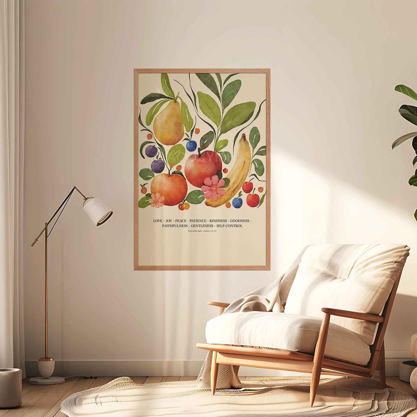 Oakwood framed Fruit of the Spirit poster with colorful fruit illustrations on a beige background, styled as faith-inspired wall decor.