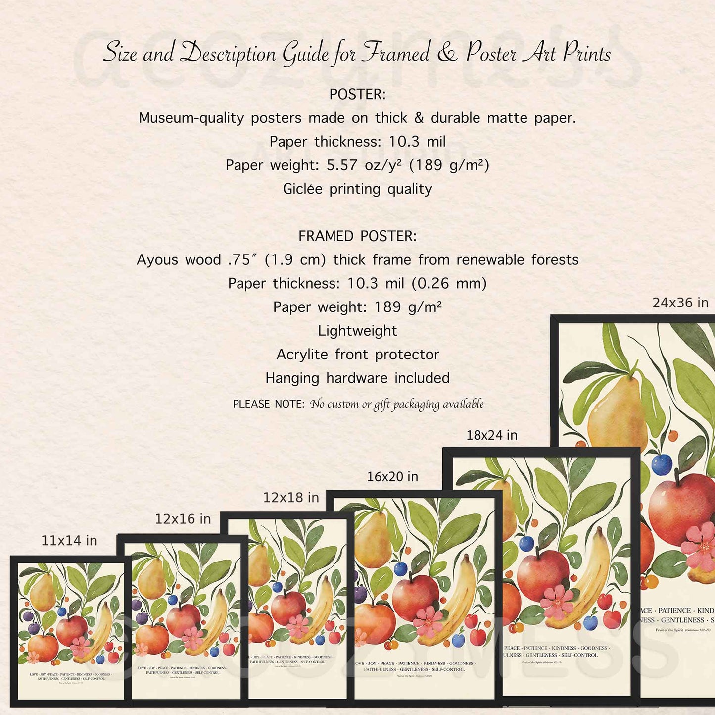 Size and description guide for framed and poster art prints with illustrations of fruits and flowers.