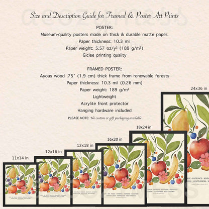 Size and description guide for framed and poster art prints with illustrations of fruits and flowers.