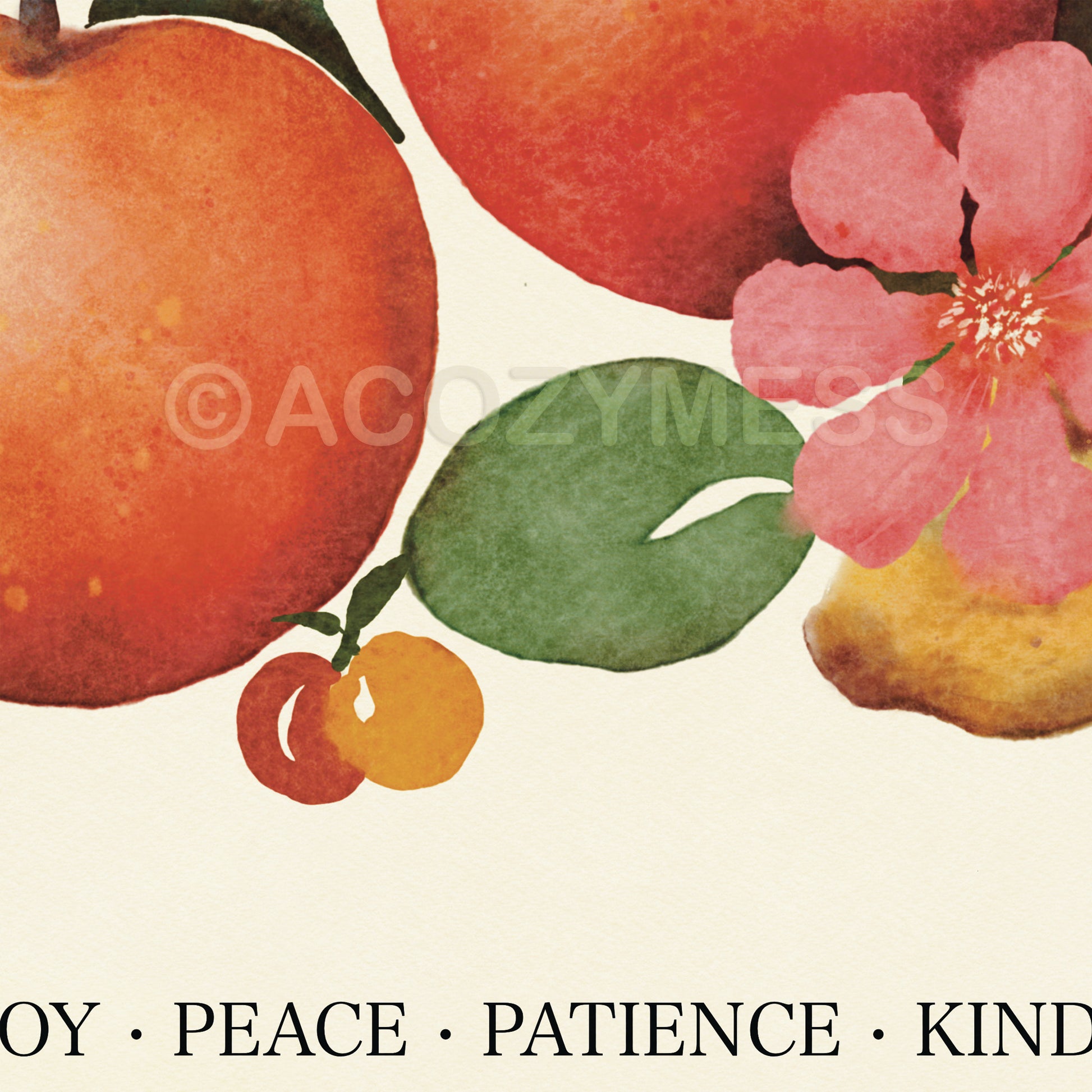 Illustration of fruits and flowers with motivational words on a beige background
