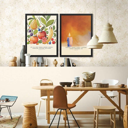 Black framed Fruit of the Spirit and Colossians 3:12–14 posters with illustrations on a beige background for calming religious decor