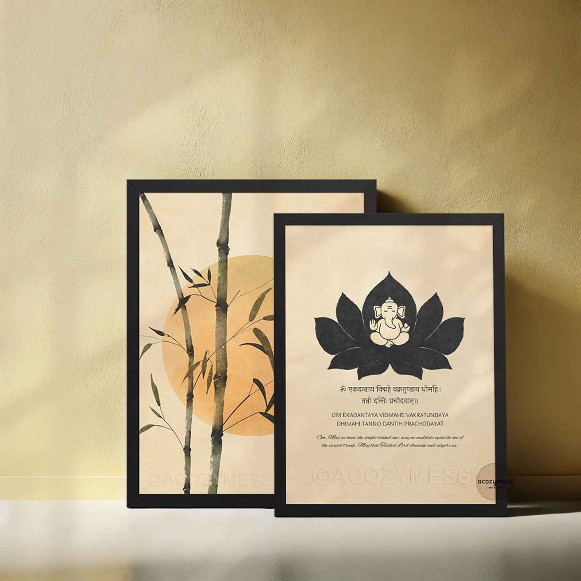Ganesh Gayatri "Om Ekadantaya" mantra art print. Features a Ganesha and lotus illustration on beige in black frame.