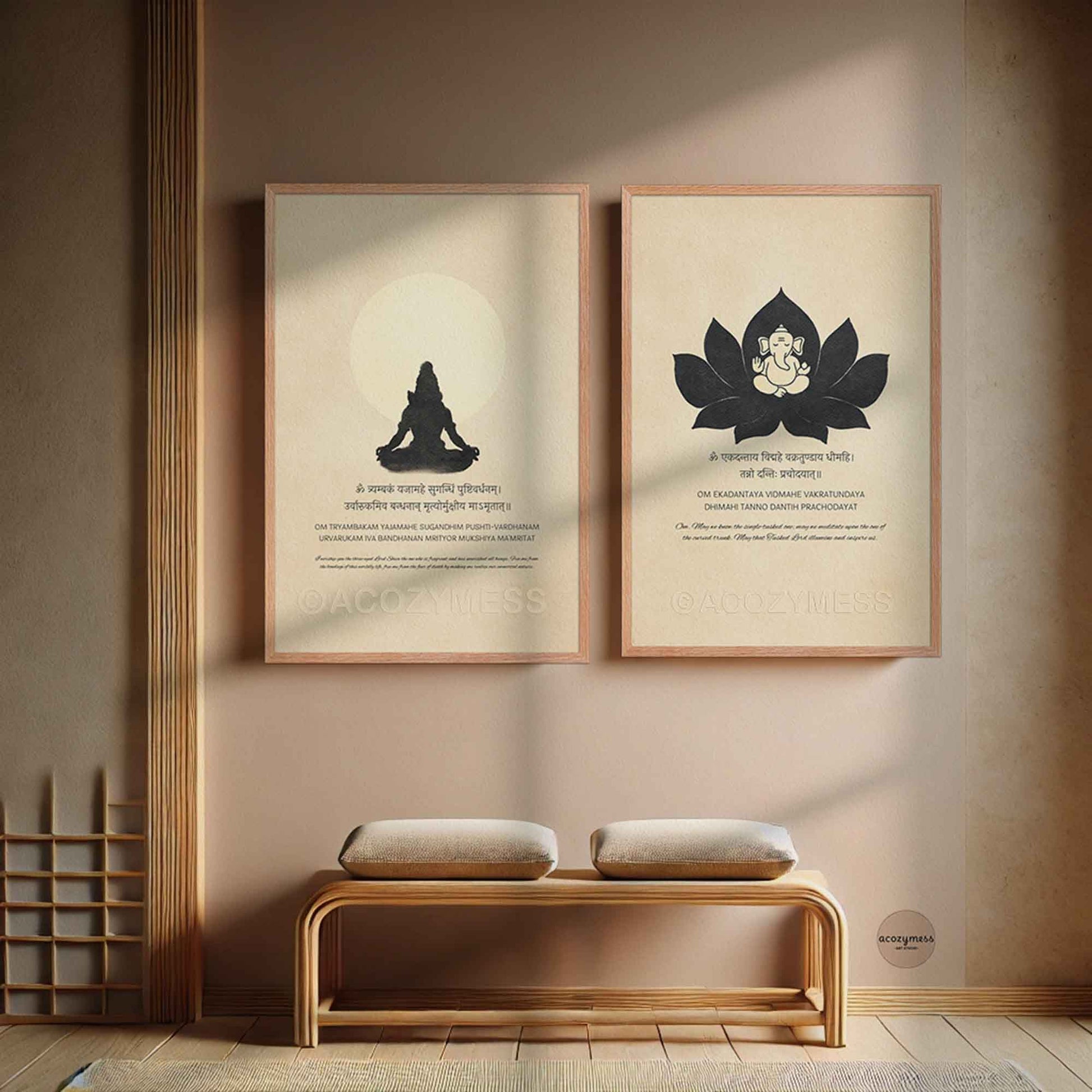 Shiva and ganesha mantra wall art print in wood frame for peaceful spaces and hindu temple decor