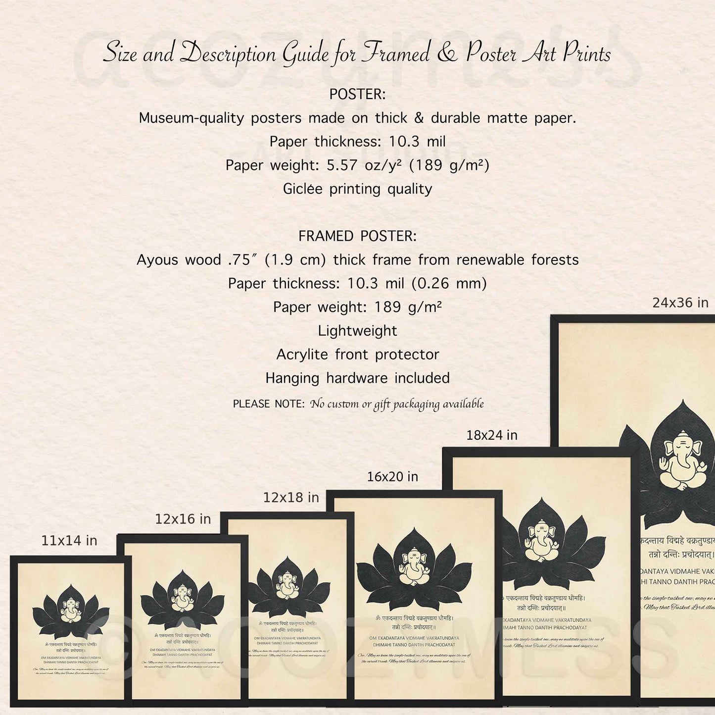 size and description for gayatri ganesh mantra print.