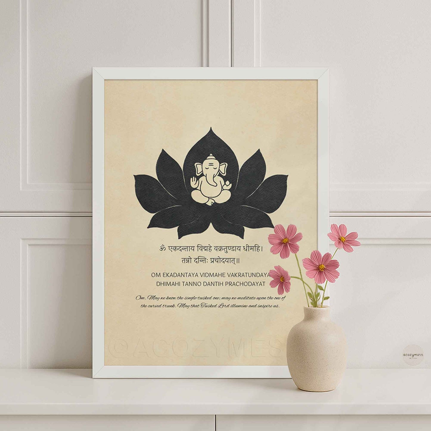 Ganesh Gayatri "Om Ekadantaya" mantra art print. Features a Ganesha and lotus illustration on beige in white frame.