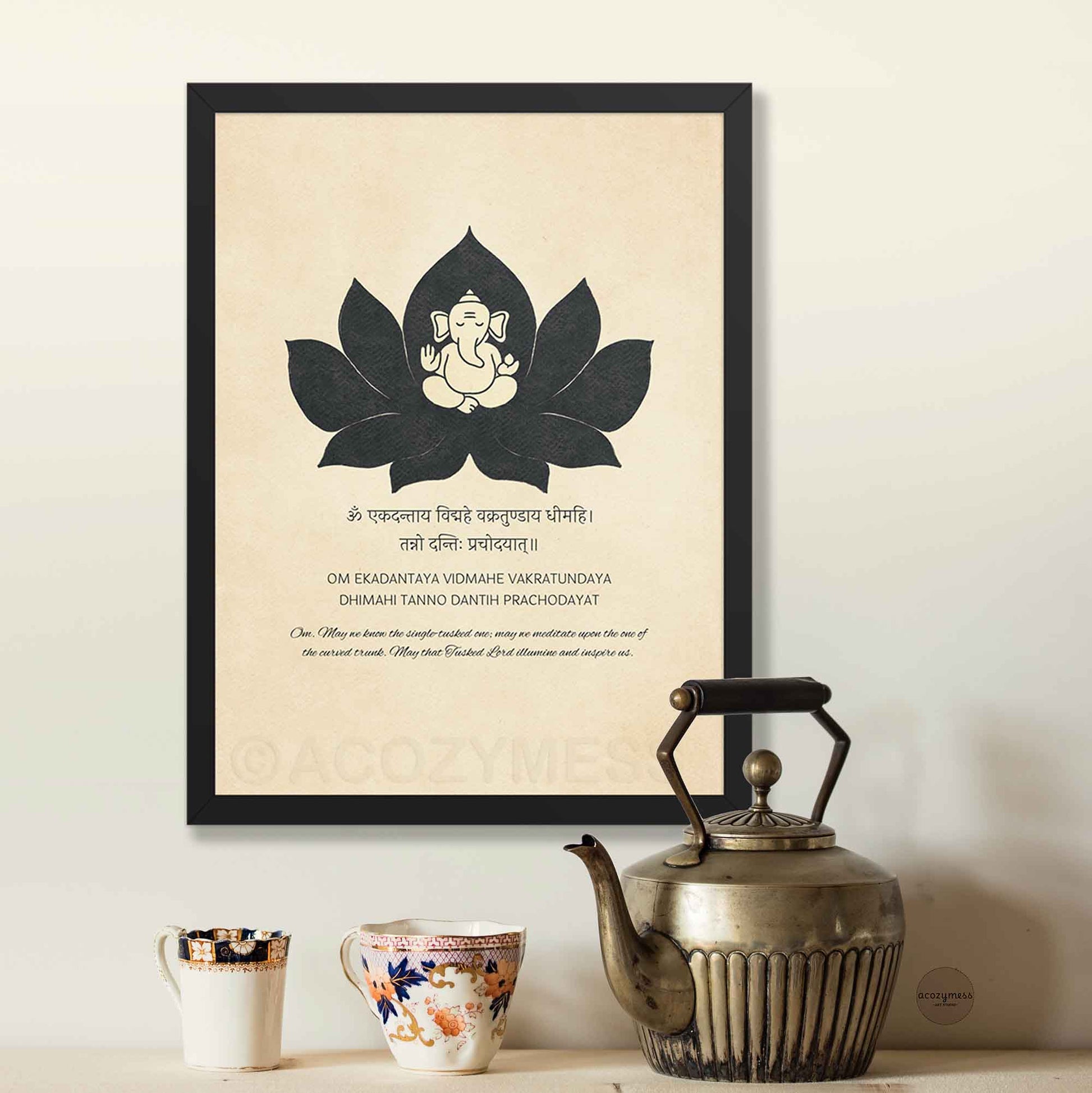 Ganesh Gayatri "Om Ekadantaya" mantra art poster with minimalist style  Ganesha and lotus illustration on beige in black frame.