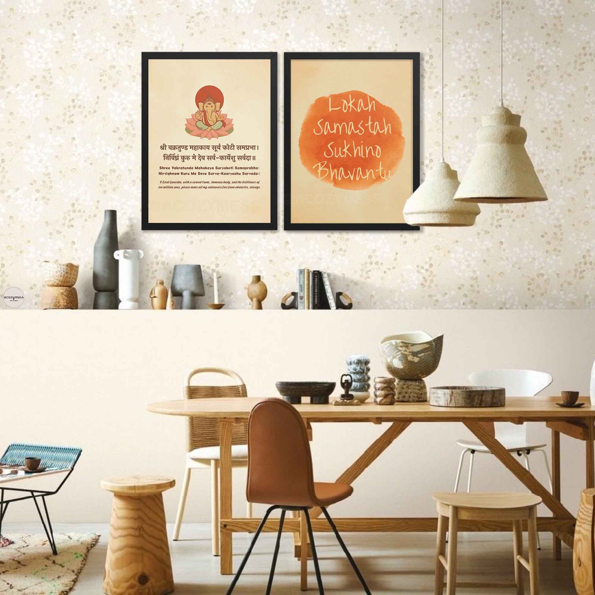 Framed Ganesha mantra wall art in frame frame, featuring beige background with Sanskrit shloka and English translation, ideal for hindu templel decor or meditation room.