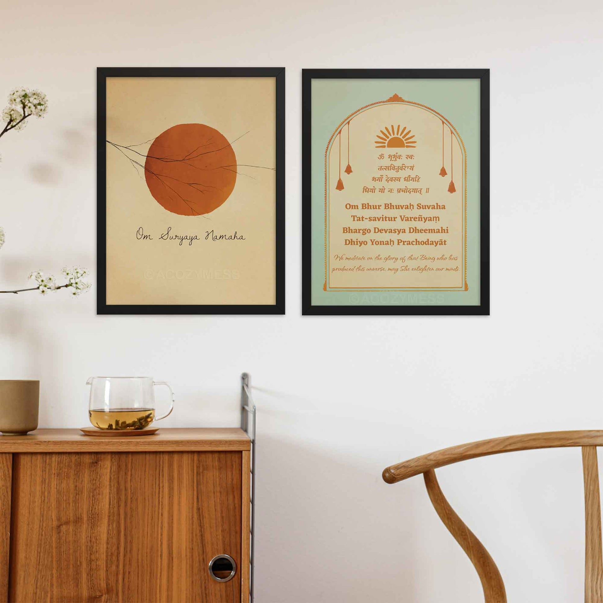 Gayatri Mantra Poster in blue, beige and orange colors with translation  and om surayaye namakah mantra poster framed in black.